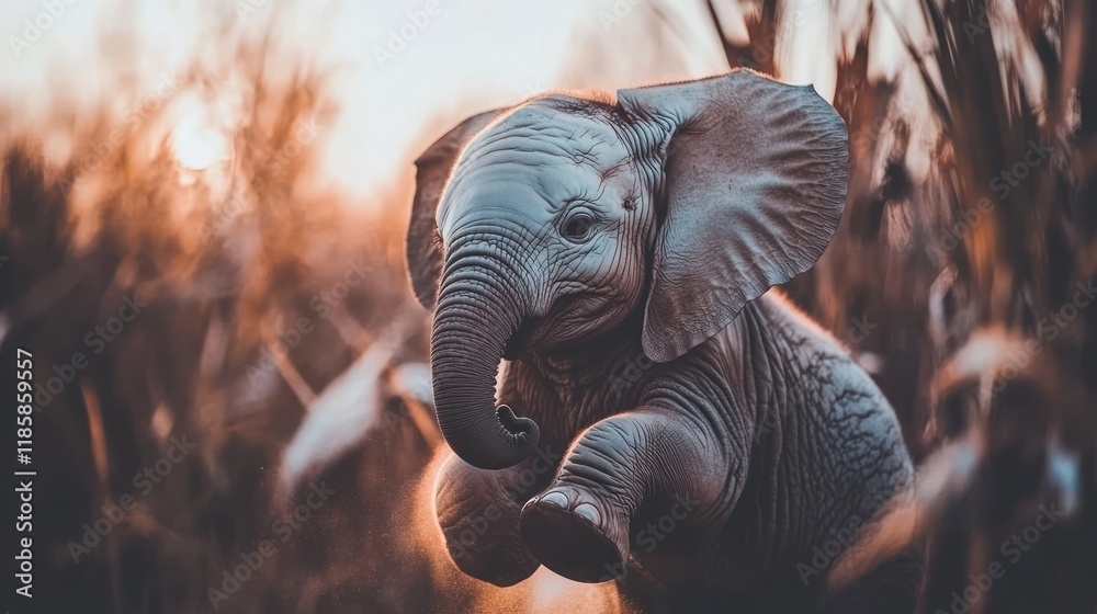 Adorable baby elephant playfully leaping at sunset in African savanna. Adorable baby elephant playfully leaping at sunset in African savanna.