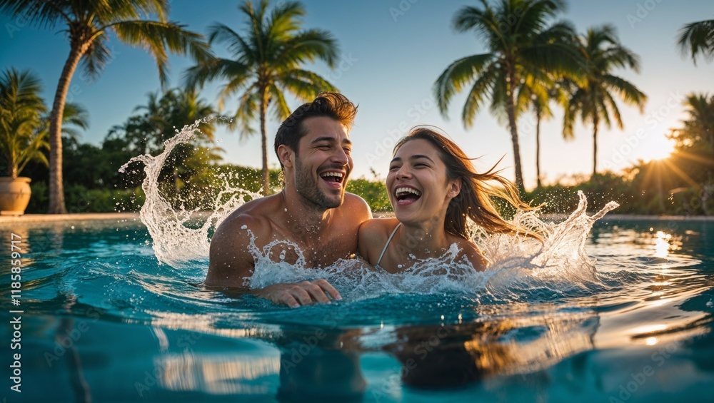 A happy couple enjoys a fun summer vacation at a tropical beach resort with palm trees, swimming in the turquoise ocean water A happy couple enjoys a fun summer vacation at a tropical beach resort with palm trees, swimming in the turquoise ocean water