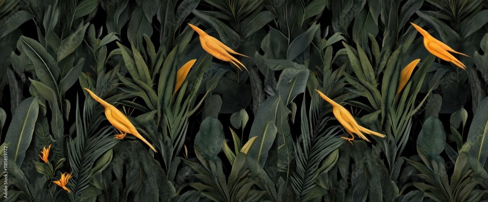 Seamless tropical pattern with yellow birds and dark green foliage. Seamless tropical pattern with yellow birds and dark green foliage.