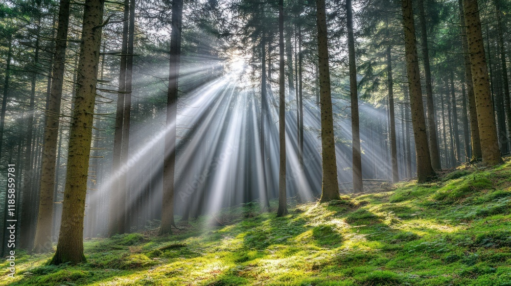 Obraz premium Sunbeams stream through misty forest, illuminating moss-covered ground.