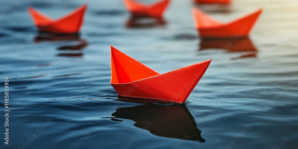 Red Leader Paper Boat Leading Group of Paper Boats Red Leader Paper Boat Leading Group of Paper Boats