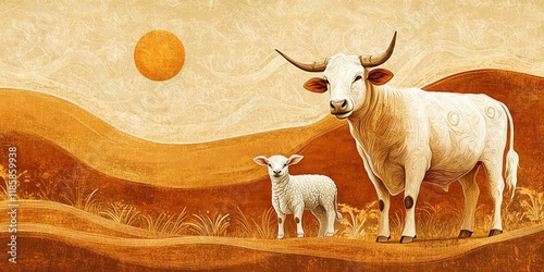 Serene White Cow and Lamb in a Golden Sunset Landscape