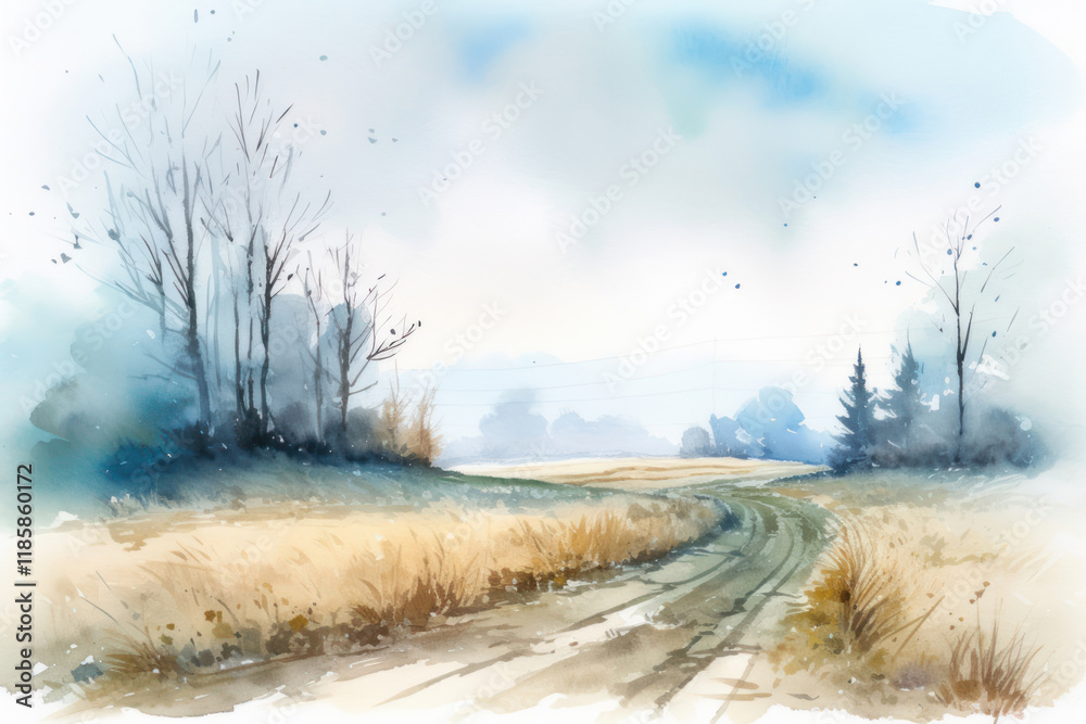 watercolor landscape with a country road winding through a field and disappearing into the distance. watercolor landscape with a country road winding through a field and disappearing into the distance.