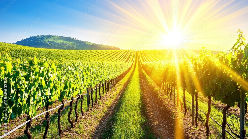 Vibrant vineyard at sunrise, rows of grapevines bathed in golden sunlight, hills in background. Vibrant vineyard at sunrise, rows of grapevines bathed in golden sunlight, hills in background.