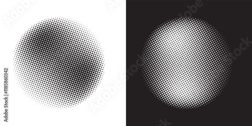 Set of halftone dots gradient pattern texture isolated on white background. Straight dotted spots using halftone circle dot raster texture. Vector blot half tone collection.
