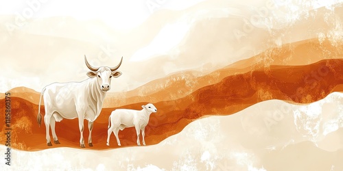 Serene White Cattle in a Rustic Watercolor Landscape