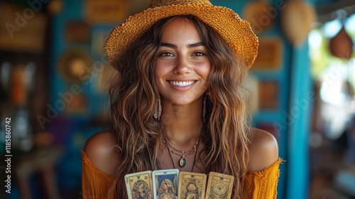 Cheerful Fortune Teller with Tarot Cards