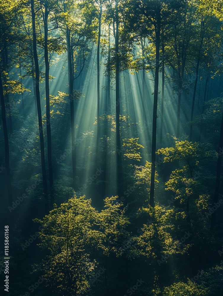 Fototapeta premium Sunbeams lighting spruce tree in misty forest