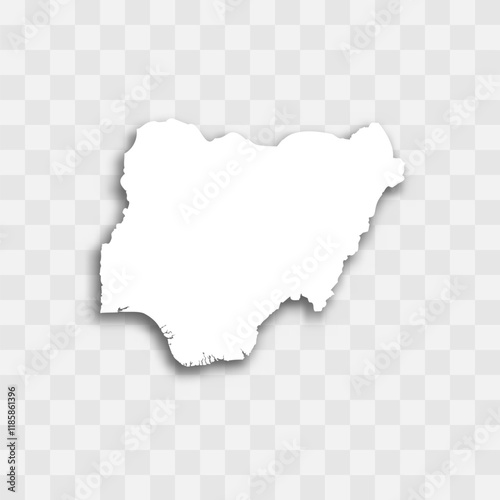 Nigeria high detailed vector representation of country silhouette. White color on transparent background with dropped shadow. For educational, decorative, or informational use.