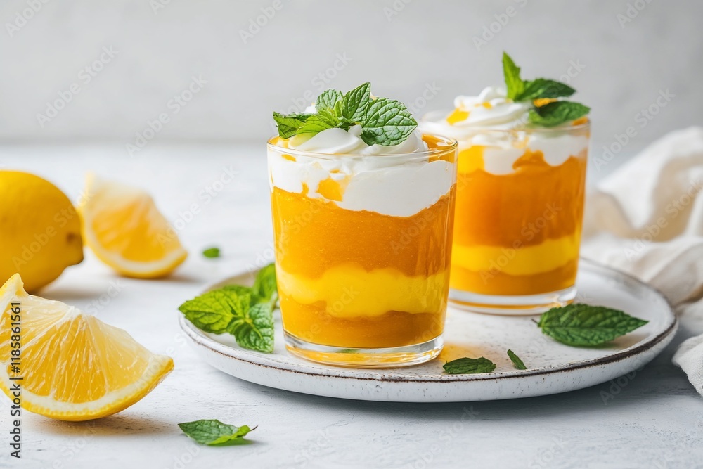 Two layered mango dessert parfaits with whipped cream and mint garnish in glasses on a plate with lemon slices. Two layered mango dessert parfaits with whipped cream and mint garnish in glasses on a plate with lemon slices.
