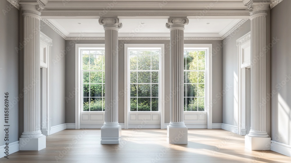 Fototapeta premium Sunlit empty room with large windows and classical columns.