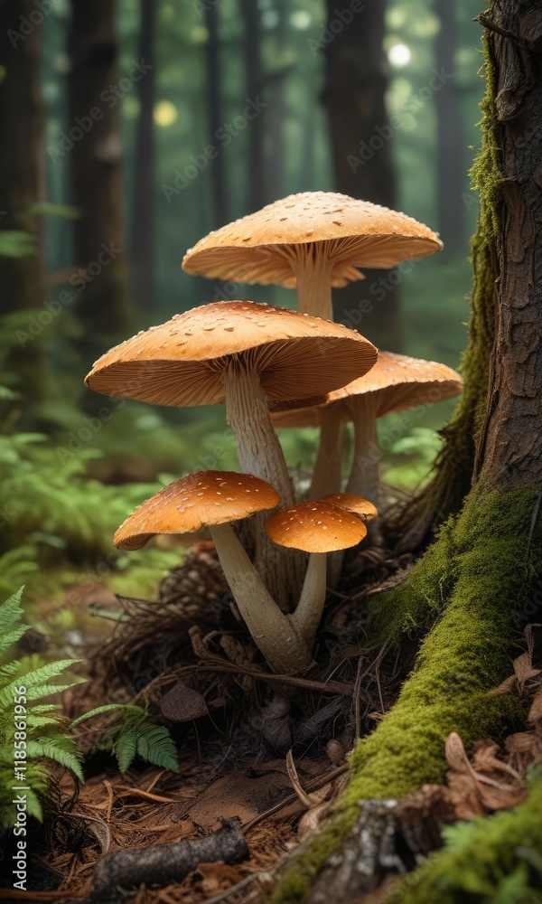Fototapeta premium A forest mushroom cap with a network of fine mycelium, symbiotic relationship , forest fungi