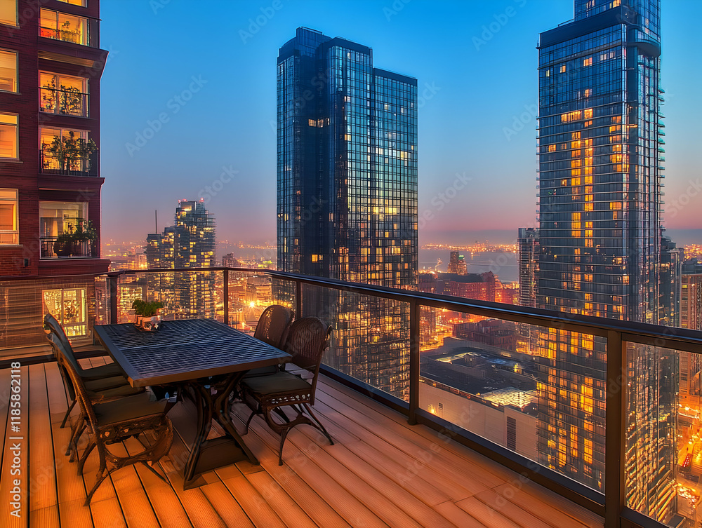 Obraz premium Cityscape Balcony Dining Overlooks Sparkling Urban Night Lights at Dusk
