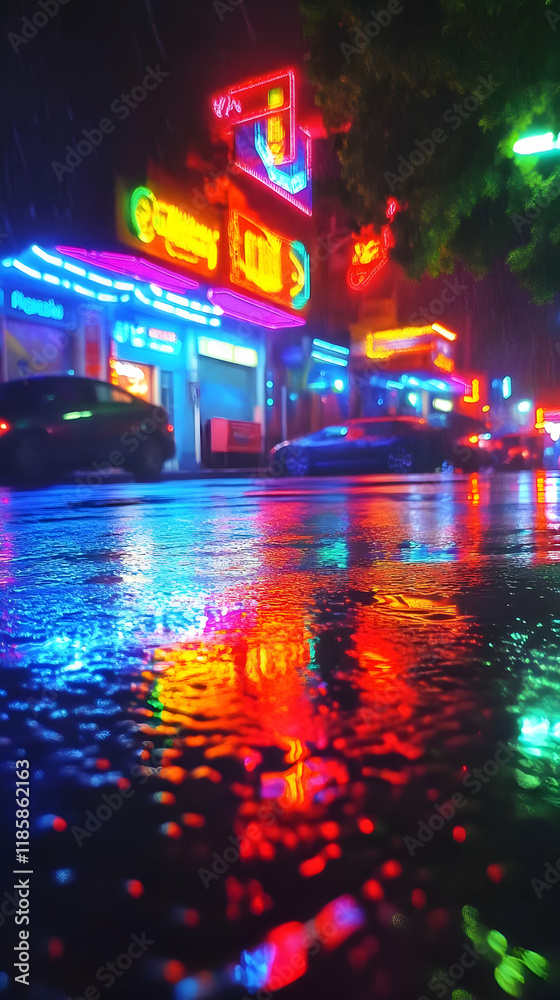 Fototapeta premium Neon City Reflections Dance on Wet Asphalt at Night