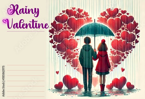 Rainy valentine postcard with backview of loving romantic couple holding umbrella in rain illustration