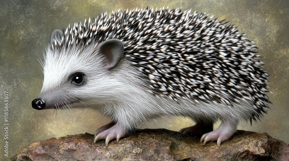 Fototapeta premium Close-up of an adorable African pygmy hedgehog standing on a rock, showcasing its quills and tiny paws.