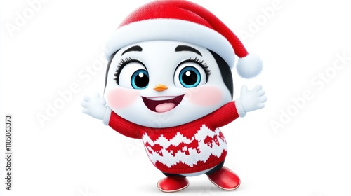 Cheerful Christmas penguin cartoon character in red sweater and Santa hat. photo