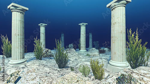 Underwater ancient columns, submerged ruins, marine plants, deep sea. photo
