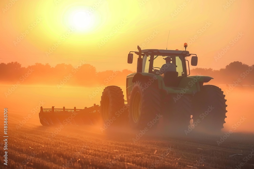 Tractor plowing at sunset: serene agricultural scene with golden glow. Tractor plowing at sunset: serene agricultural scene with golden glow.