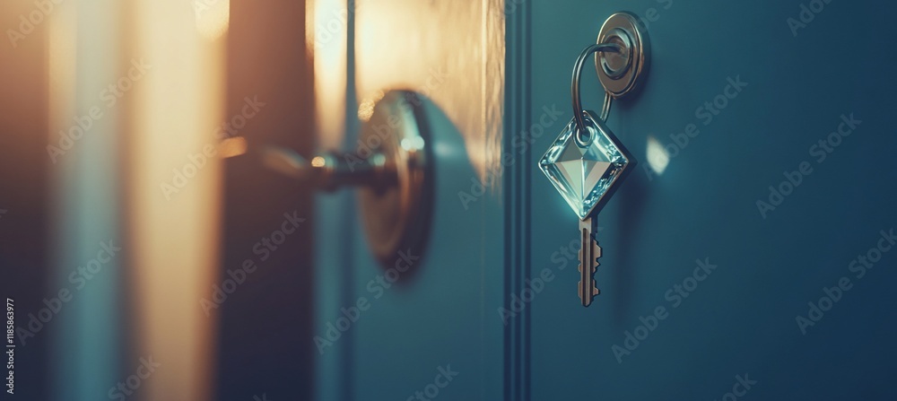 Key in door lock, home security, new house. Key in door lock, home security, new house.