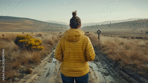 A woman in a yellow jacket at a crossroads, contemplating her path to a new beginning