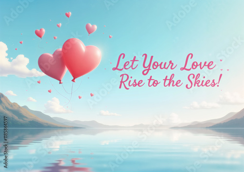 Heart-shaped balloons floating on water with clouds and text