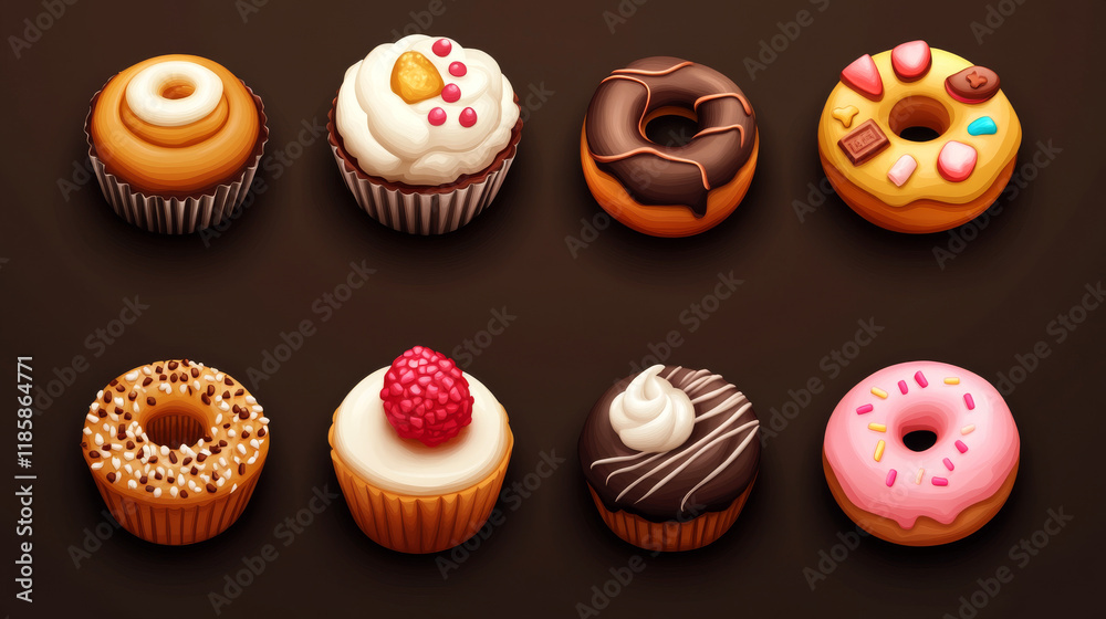 Cakes, desserts and sweets vector icons of cupcake tart and donut, roll bun or loaf and pudding with chocolate and ice cream wuth ribbon emblems. For bakery shop design Cakes, desserts and sweets vector icons of cupcake tart and donut, roll bun or loaf and pudding with chocolate and ice cream wuth ribbon emblems. For bakery shop design