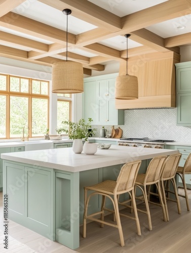 Wallpaper Mural Modern Sage Green Kitchen Island with Wooden Beams Torontodigital.ca