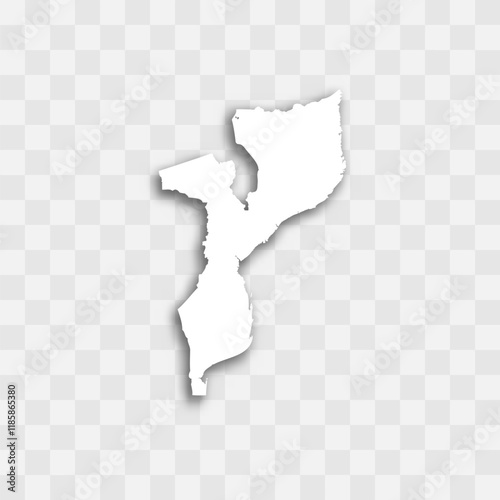 Mozambique high detailed vector representation of country silhouette. White color on transparent background with dropped shadow. For educational, decorative, or informational use.