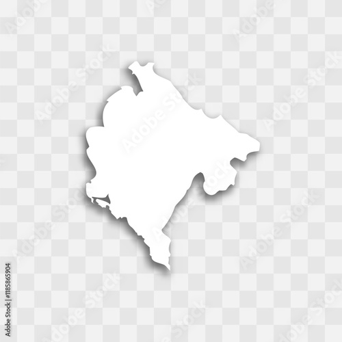 Montenegro high detailed vector representation of country silhouette. White color on transparent background with dropped shadow. For educational, decorative, or informational use.