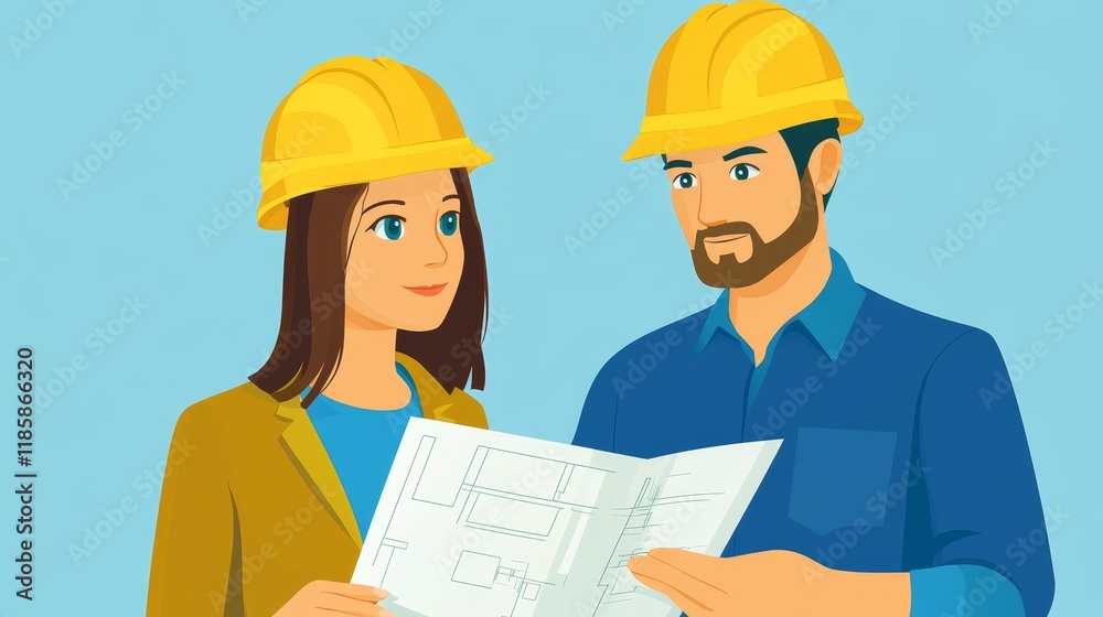 Professional Engineers Discussing Construction Plans with Blueprints in Hand Wearing Safety Helmets and Engaging in Collaborative Design Process