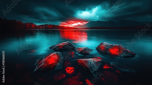 Dramatic sunset over a calm lake with red rocks in the foreground. photo