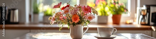 Wallpaper Mural Cup of coffee and flowers in a vase on the table. Selective focus Torontodigital.ca