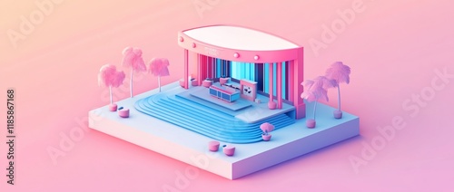 Isometric 3D render of a pastel pink stage with palm trees.
