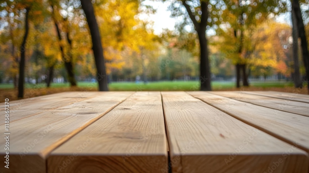Wooden table set against an autumn landscape with vibrant leaves and a blurred park creating an inviting atmosphere for product displays Wooden table set against an autumn landscape with vibrant leaves and a blurred park creating an inviting atmosphere for product displays