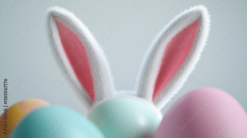 Fototapeta premium Colorful Easter eggs surround playful bunny ears, symbolizing fe