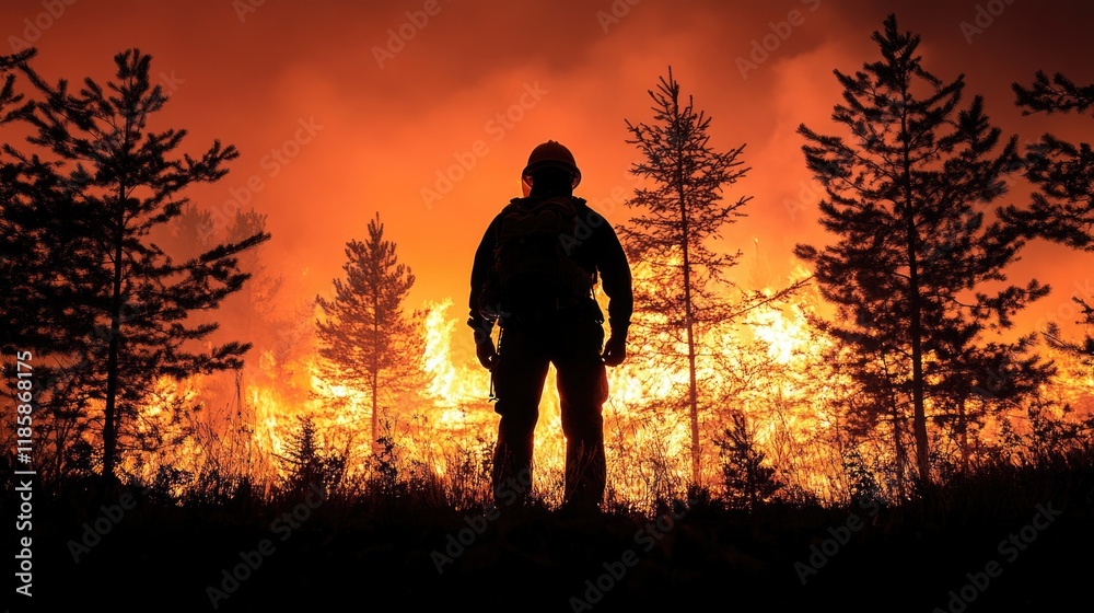 Fototapeta premium Firefighter facing a raging wildfire at dusk