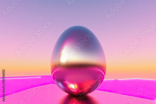 Shiny metallic egg reflecting vibrant pastel colors against drea photo