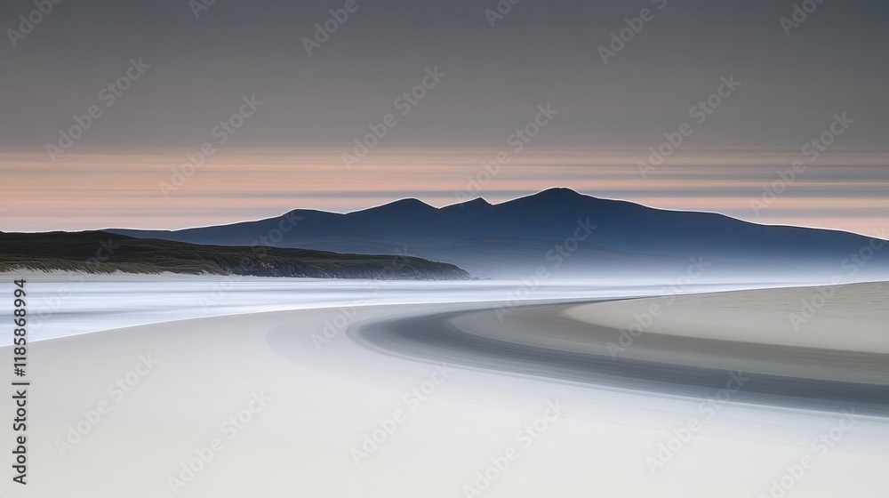 Obraz premium Serene coastal landscape at dawn, featuring smooth sand curves and distant mountains under a soft sky.