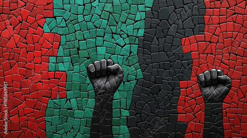 Black History Month Concept, Mosaic Artwork Featuring African American Flags and Raised Fists in Red, Green, and Black Symbolizing Unity and Justice photo