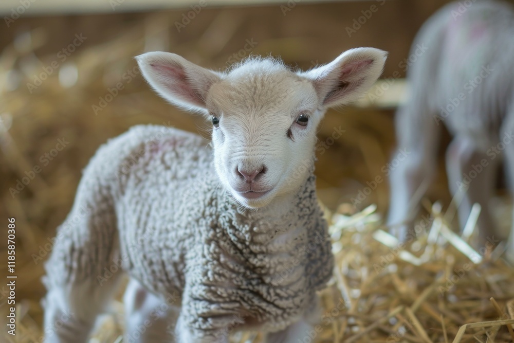 Cute white newborn lamb standing on straw bedding in a barn Cute white newborn lamb standing on straw bedding in a barn