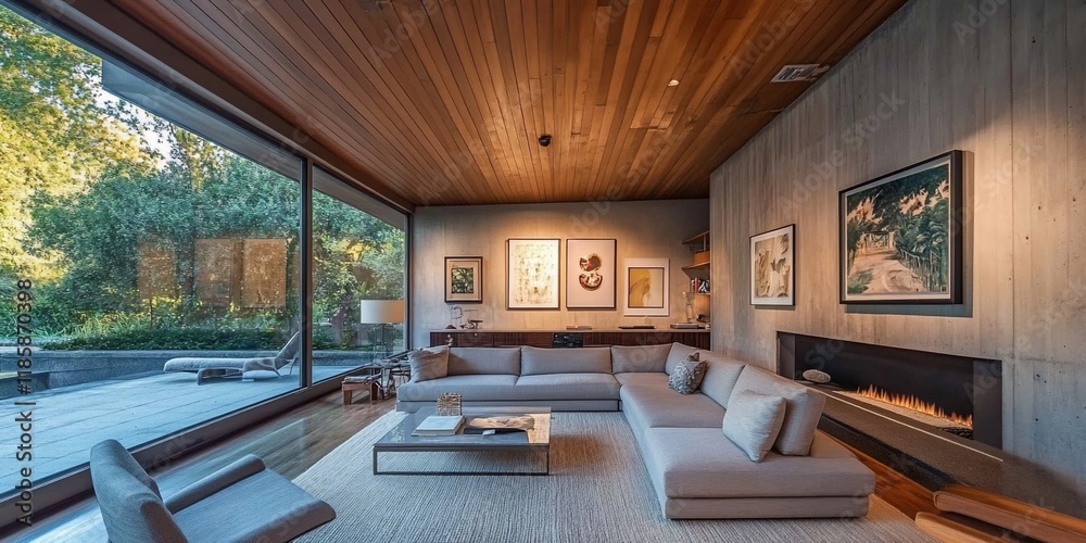 Naklejka premium Modern living room with large windows, concrete walls, wood ceiling, and L-shaped sofa.