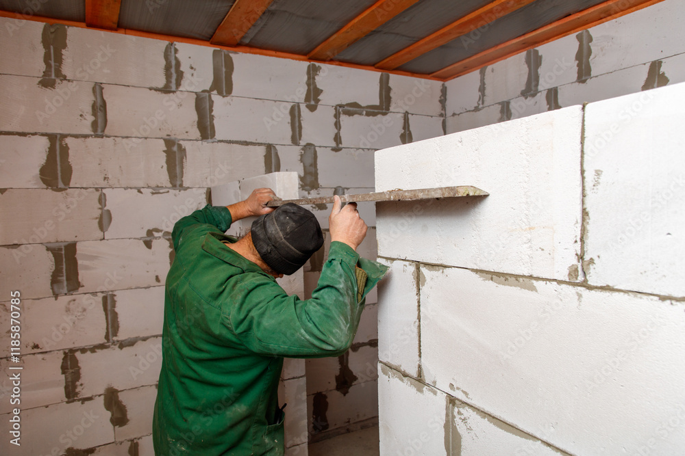 A man is working on a wall with a green shirt A man is working on a wall with a green shirt