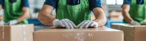 Close-Up of Workers Handling Biodegradable Packaging with Focus on Sustainable Practices in an Industry Setting