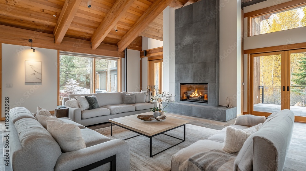 Fototapeta premium Spacious living room with fireplace, wood ceiling, and large windows.