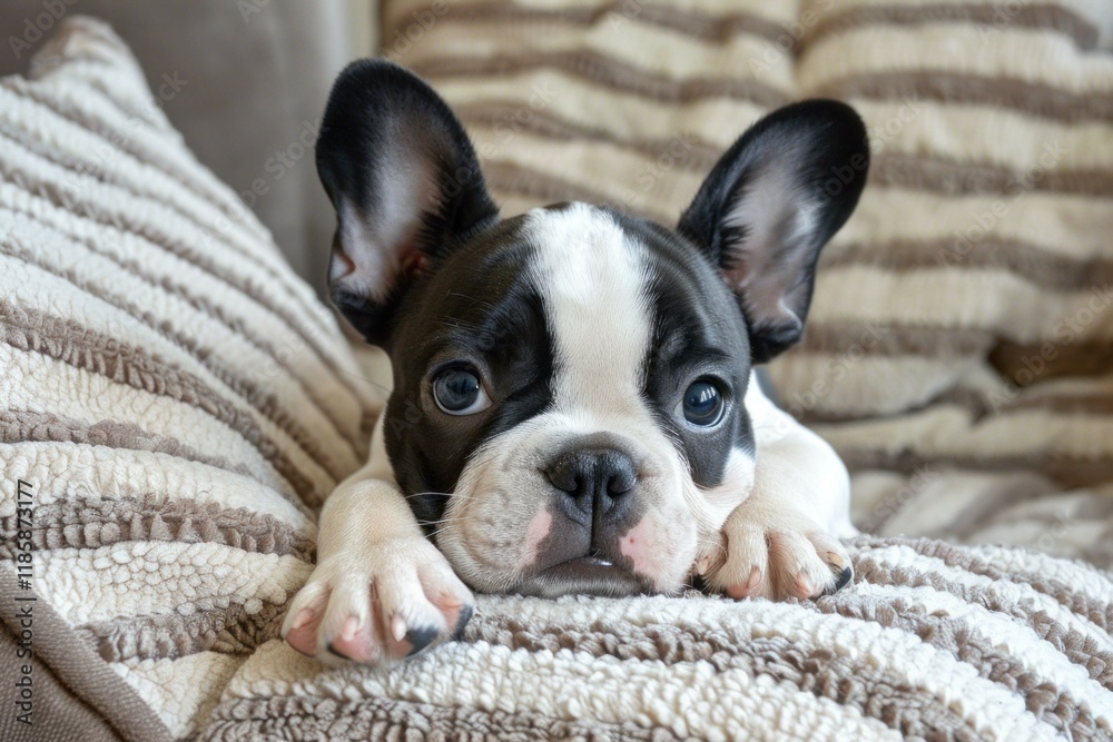 Cute french bulldog puppy resting on a comfortable cushion, enjoying a moment of peace Cute french bulldog puppy resting on a comfortable cushion, enjoying a moment of peace