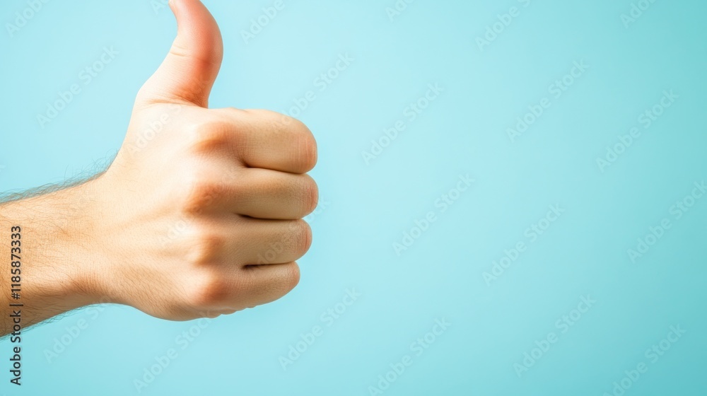 Close-up of a hand giving a thumbs up gesture against a light blue background. Close-up of a hand giving a thumbs up gesture against a light blue background.