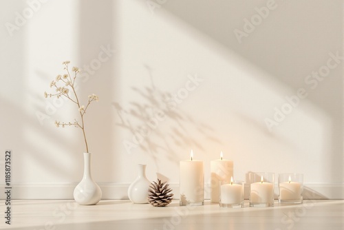 White vases with dried flowers, lit candles, and a pinecone on a wooden surface in a bright minimalist space. Calm and cozy atmosphere concept. Ai generative