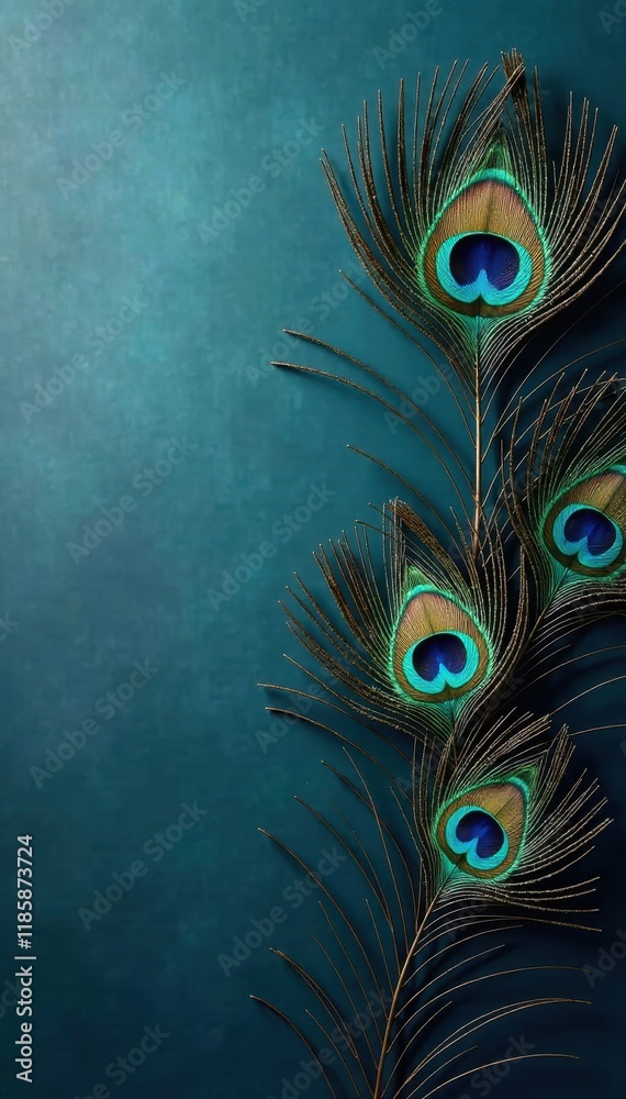 Fototapeta premium Modern peacock feathers in turquoise hues against a sophisticated grayish-blue luxury backdrop, feather, luxury
