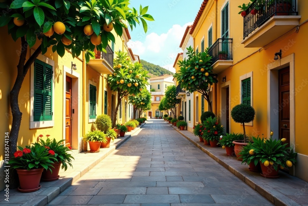 Naklejka premium Narrow streets lined with lemon trees and overflowing flower pots, flowers, villa